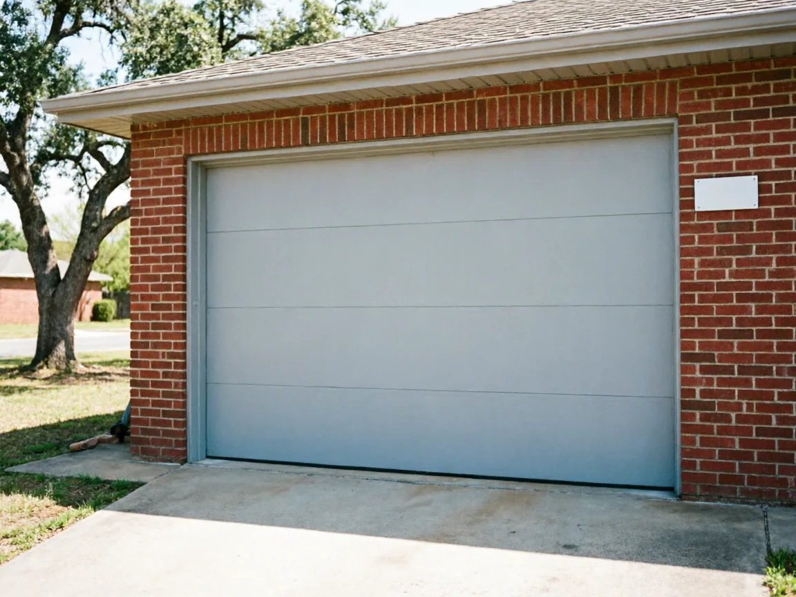 The garage door is light gray and closed, set in a red brick house.
